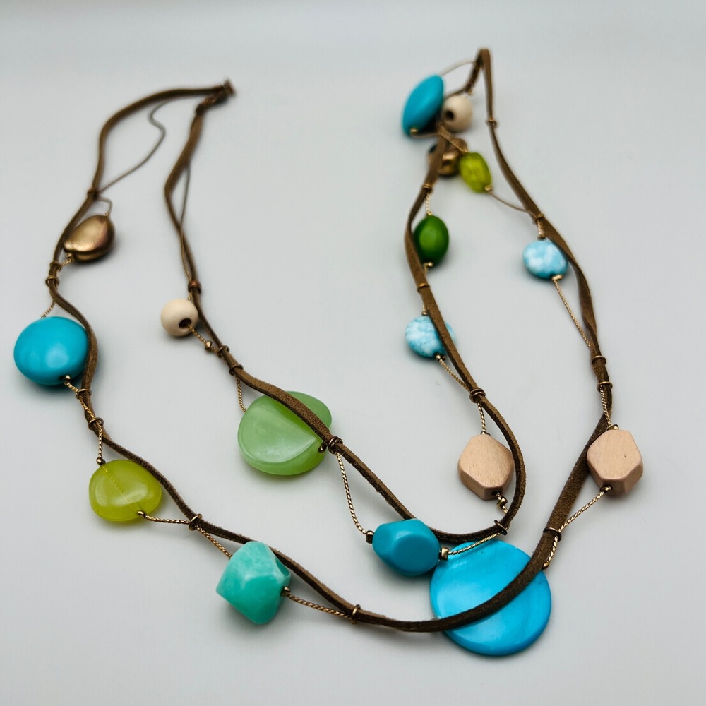 Gold Tone Multi Strand Beaded Necklace 40 Inch Long Layered Boho Statement